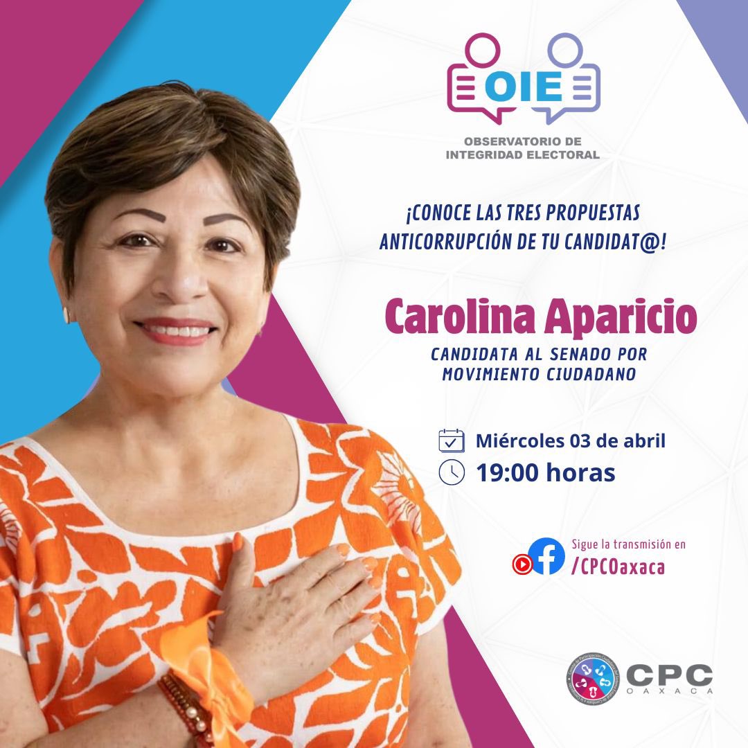 Este miércoles 3 de abril continuamos con el Podcast Observatorio de Integridad Electoral que realiza <a href="/CPCOaxaca/">CPC Oaxaca</a> para hablar con candidatas y candidatos sobre 3 propuesta anticorrupción.

En esta ocasión conversaremos con <a href="/carol_aparicio/">🔸Carolina Aparicio🔸</a>, candidata al Senado por <a href="/MovCiudadanoOax/">Oaxaca</a>