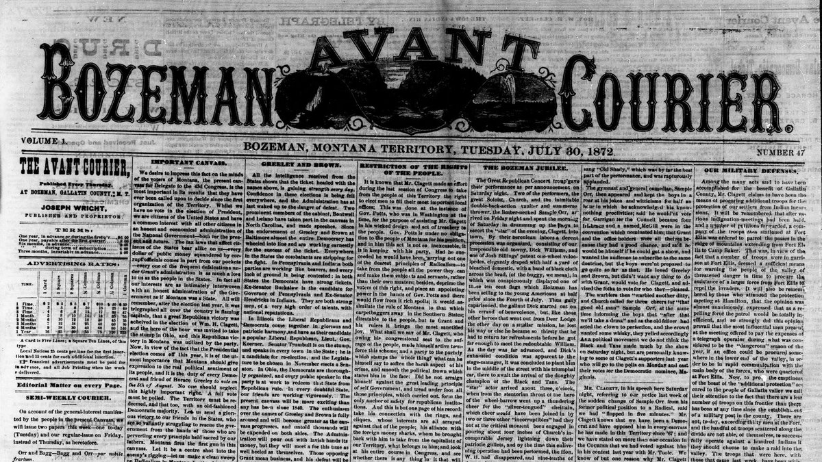 The Bozeman Avant Courier was first published in 1871 by Joseph Wright, a veteran of the Confederate army and a staunch Democrat. The weekly newspaper promoted Bozeman’s agricultural potential. Read issues in Chronicling America. loc.gov/item/sn8403812… #ChronAm