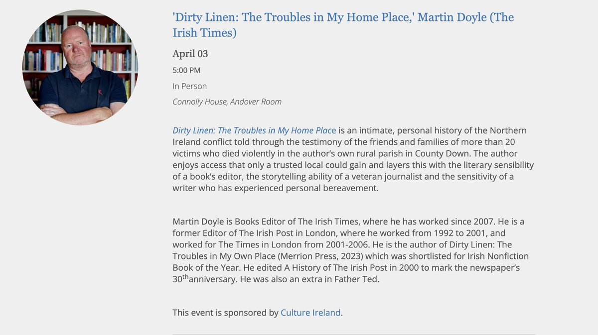 Martin Doyle will be in Connolly House tomorrow at 5 pm to discuss his book 'Dirty Linen: The Troubles in My Home Place' The event is open to the public! Feel free to join!