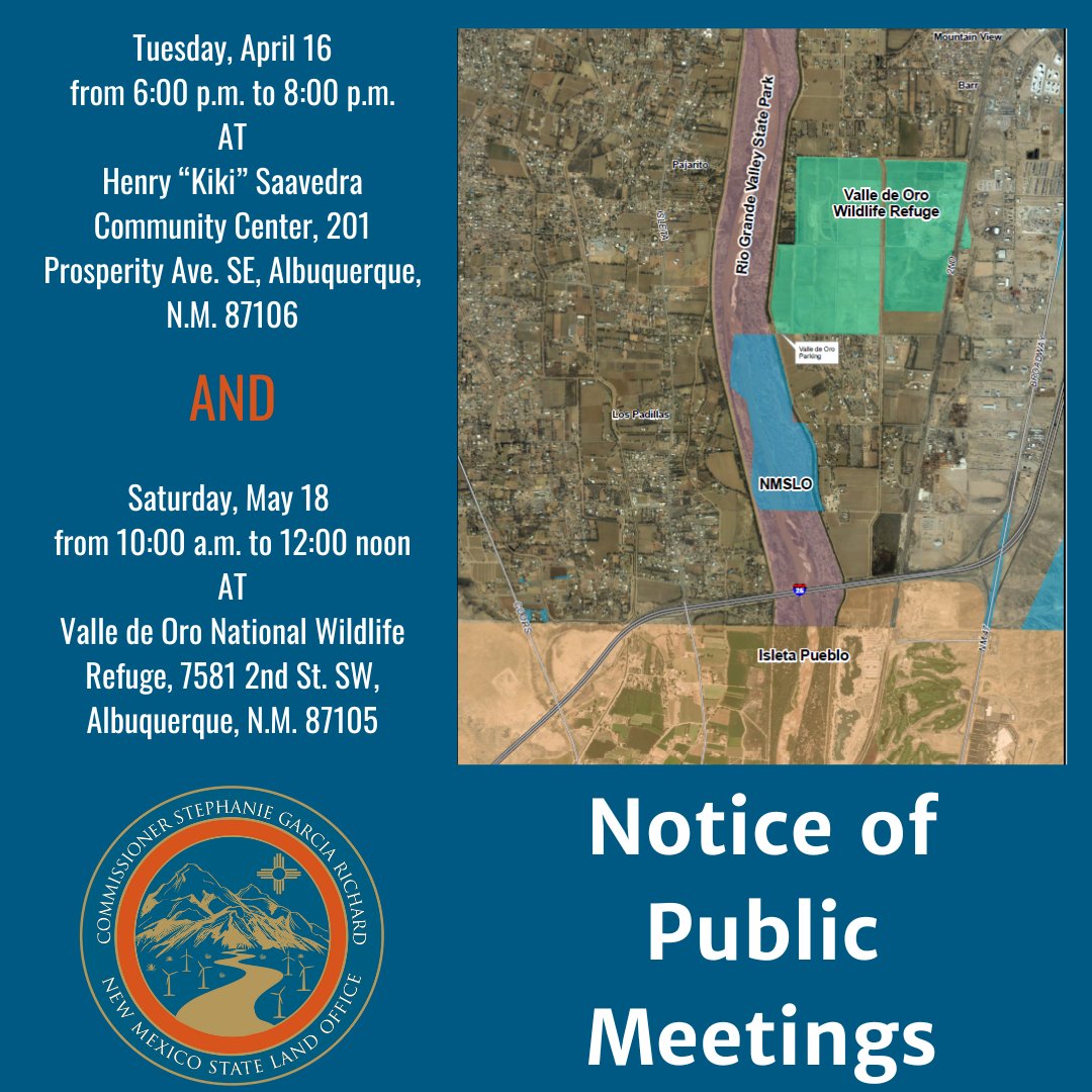 We are hosting public meetings in ABQ to consider a proposal to transfer a 212-acre parcel of state land in the Bosque to the U.S. Fish and Wildlife Service. Learn more about the proposal, meetings, and take our survey here: bit.ly/49B8qox. #nmlands #nmpol