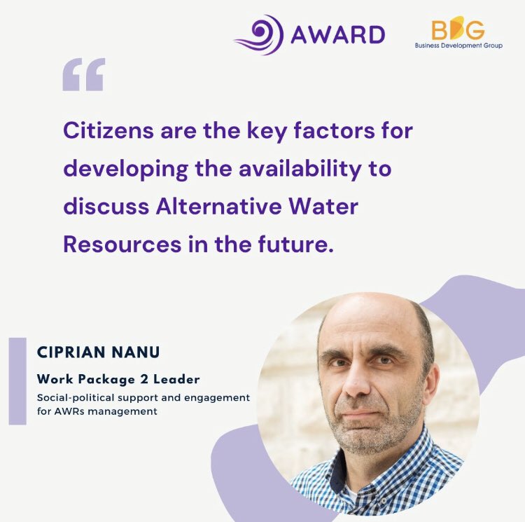 🎯 One of the objectives of WP2 of AWARD_HEU, led by @CiprianNanu from @BDGROUPRO Romania, is to enhance #social #awareness and acceptance of existing AWRs. 

#AwardProject 💧#AlternativeWaterResources💧 #WaterManagement #RaisingAwareness 💧#CitizenEngagement