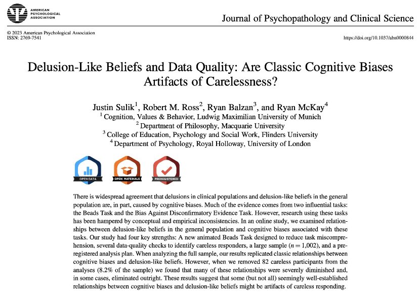 We missed a few excellent papers in our article, such as this one showing that classic findings in the cognitive bias literature might be artifacts of careless responding. Elegant and important paper by @justinsulik and @Robert_M_Ross open access at psycnet.apa.org/fulltext/2023-…