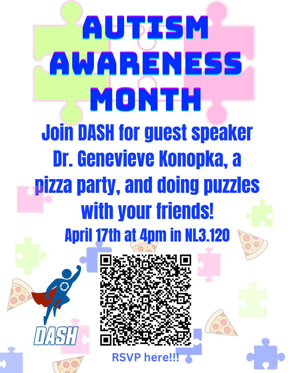 April is Autism Awareness Month! Celebrate with DASH and guest speaker Dr. Genevieve Konopka - pizza party and puzzles to follow! @UTSWGradSchool #AutismAwarenessMonth RSVP: forms.office.com/r/Fg1tpR1Eae Teams: teams.microsoft.com/l/meetup-join/…