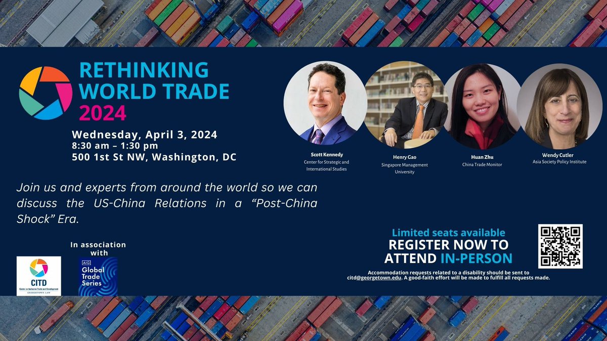 The @CitdGeorgetown is hosting a great conference on Rethinking World Trade 2024 tomorrow. I'm excited to be part of a panel discussion on the future of U.S.-China trade. Register at: forms.gle/daWwRwe8dmvCkh…. More info about the conference: law.georgetown.edu/iiel/initiativ…