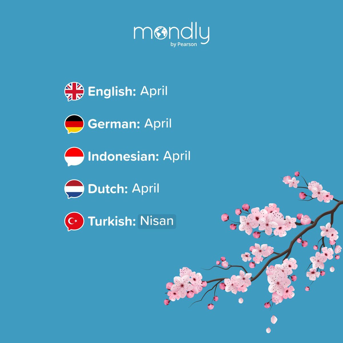 MondlyLanguages's tweet image. Turkish went completely off course with this one. 😂 How do you say 𝗔𝗽𝗿𝗶𝗹 in your language? 🌸 #April #LearnLanguages