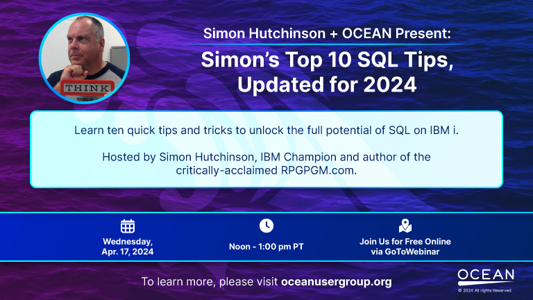 Unlock the full potential of #SQL on #IBMi when you attend Simon Hutchinson's presentation on April 17 at 12 pm PT. Learn tips and trick that you can use right now! Register here for this free webinar: attendee.gotowebinar.com/register/15830… @rpgpgm @IBMChampions