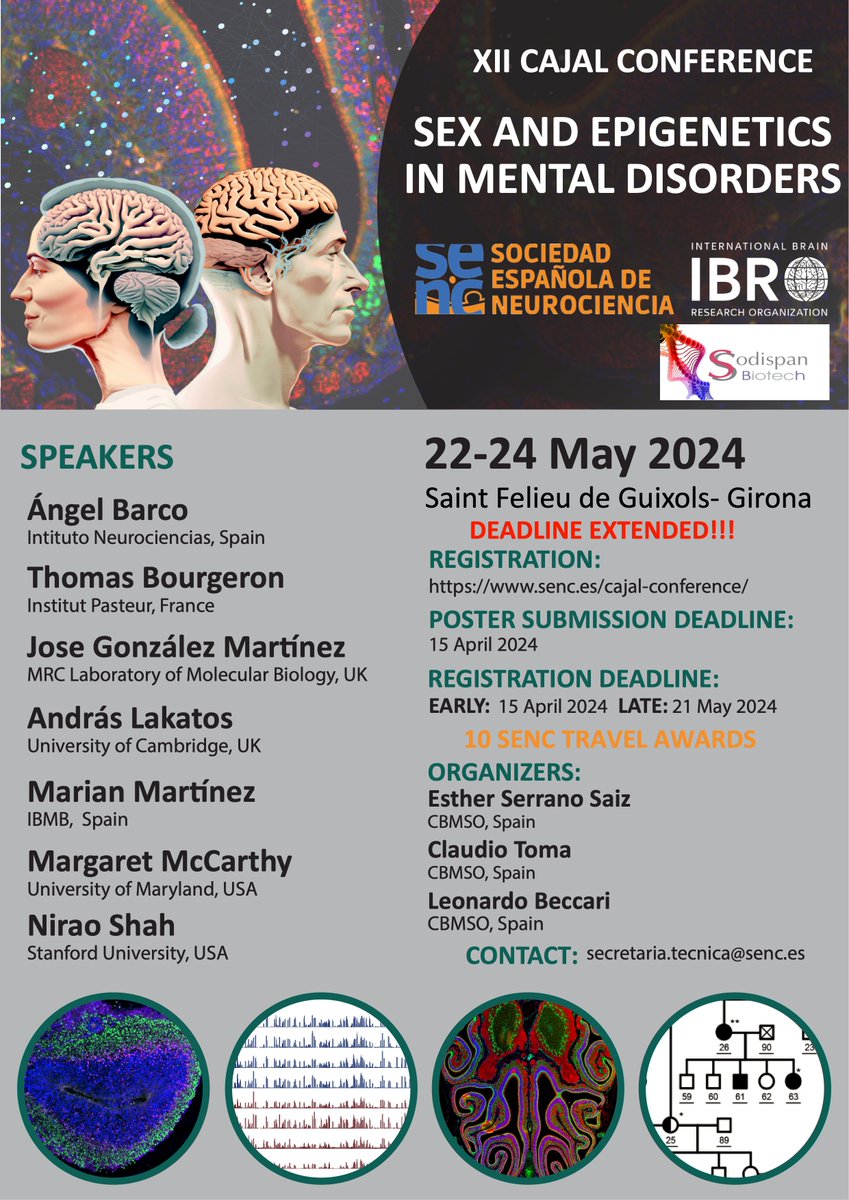 DEADLINE EXTENDED!!! 

- Early bird registration by April 15th 
senc.es/cajal-conferen…

- 🏆 10 Travel Awards 🏆 to students and postdocs by #senc_

- Fantastic lineup of speakers: <a href="/BarcoLab/">BarcoLab</a> <a href="/ThomasBourgeron/">Thomas Bourgeron</a>  <a href="/Pepe_gonzalezm/">Pepe González</a> <a href="/LakatosLab/">Andras Lakatos</a> M.McCarthy, M.Martinez <a href="/NiraoShah/">Nirao Shah</a>