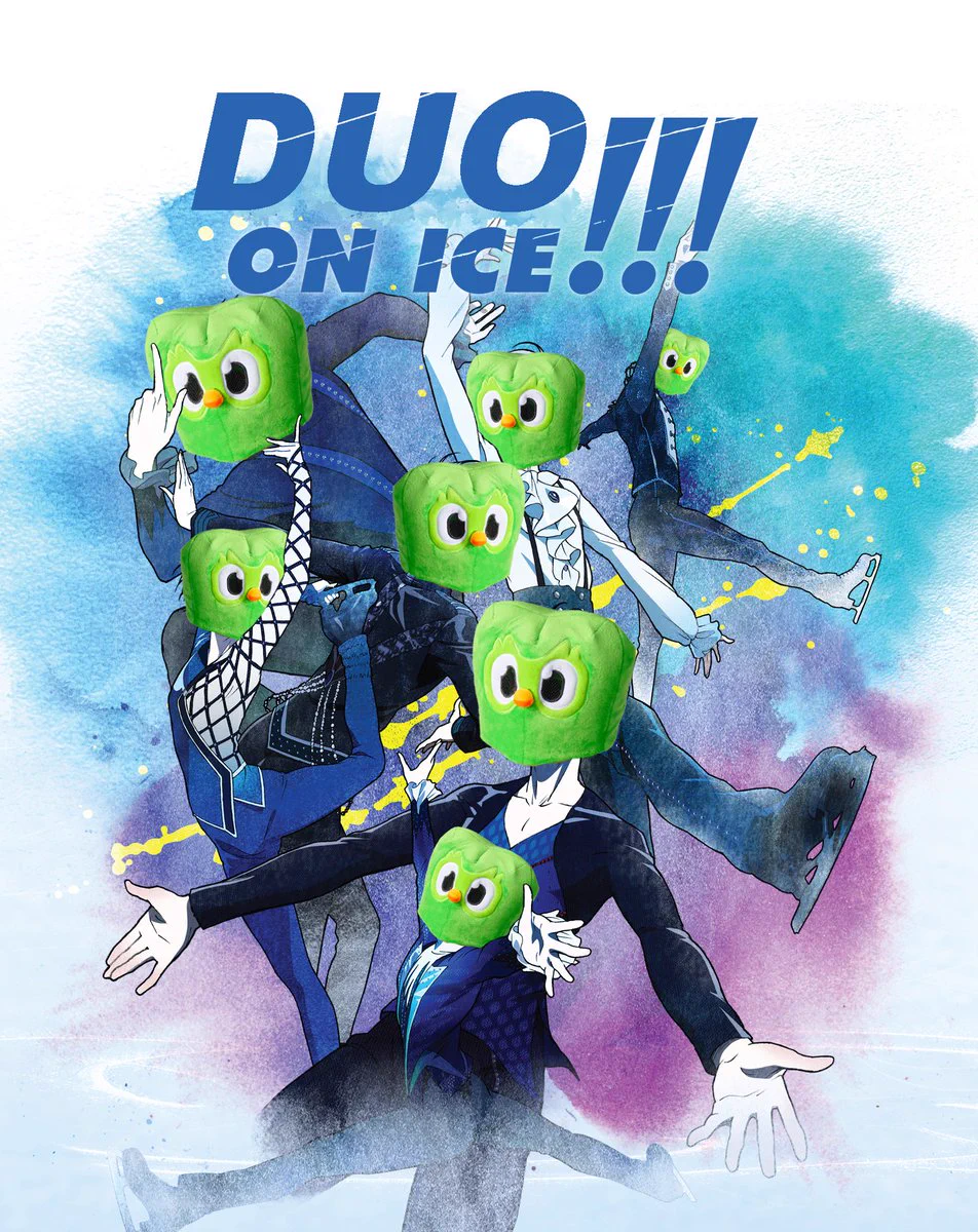 Duo's, the green owl mascot of Duolingo, face photoshopped onto characters from the popular figure skating anime Yuri!! On Ice.