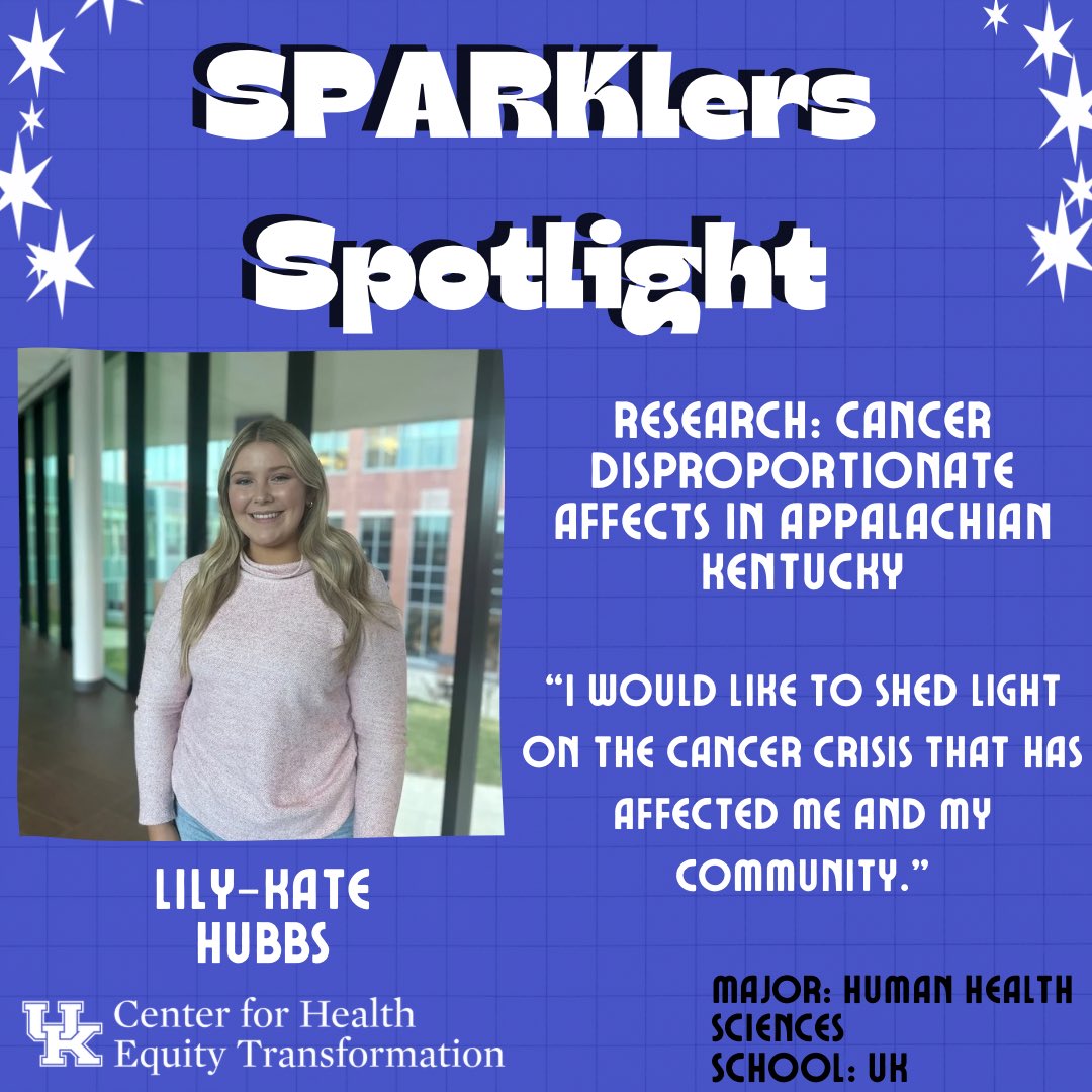 Welcome our next SPARK participant, Lily-Kate Hubbs! She is a Junior studying Human Health Sciences on the pre-medical track. Her research is focused on the cancer disproportion affects in Appalachian Kentucky. After undergrad, she plans to attend medical school.🩺