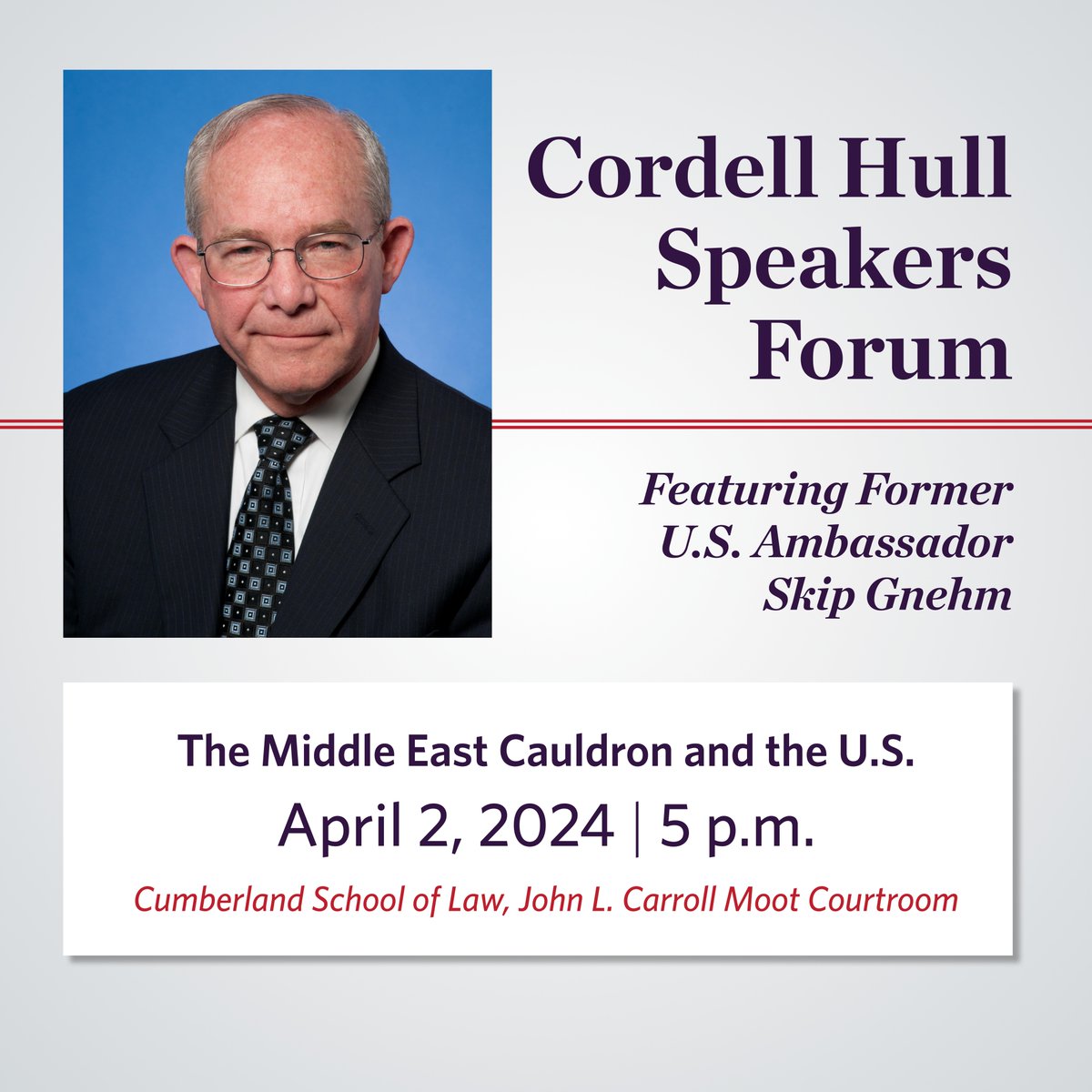 📣 JOIN US TONIGHT for Cumberland School of Law will host the 2024 Cordell Hull Speakers Forum from 5 – 7 p.m. in the Moot Courtroom! ➡️ The event is FREE and open to the public.