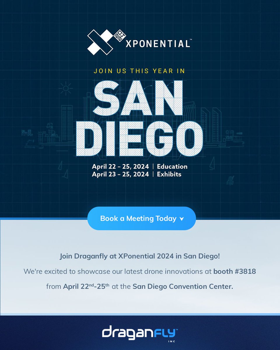 Join Draganfly at XPonential 2024 in San Diego! We're excited to showcase our latest drone innovations at booth #3818 from April 22nd - 25th. Book your meeting today. bit.ly/3mAv91l
