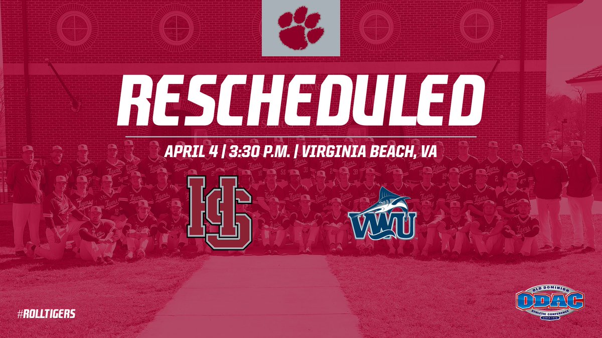 SCHEDULE UPDATE | The @HSC_Baseball road game at Virginia Wesleyan originally scheduled for Wednesday, April 3, has been rescheduled for Thursday, April 4, at 3:30 p.m. in Virginia Beach #Family #RollTigers🐅 #ODAC #d3baseball