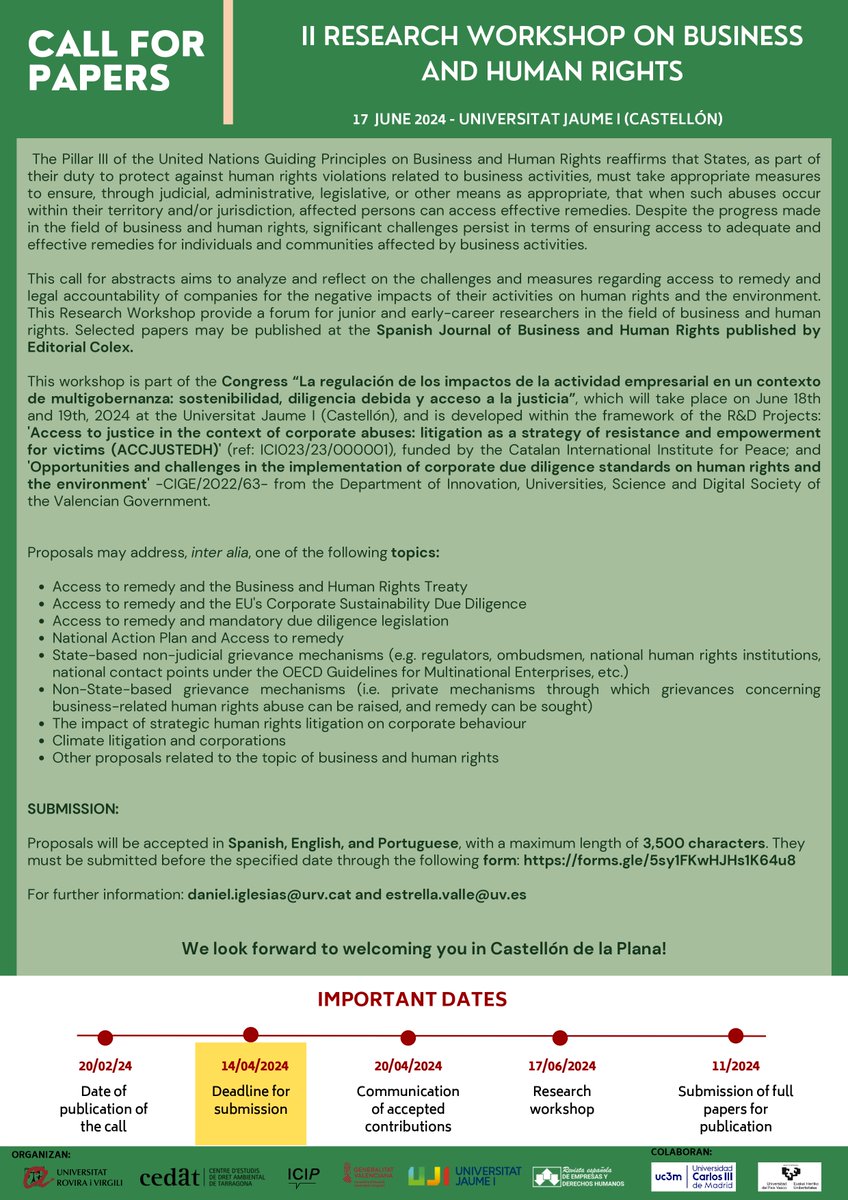 #BizHumanRights call for abstracts! 📣Sigue abierto el plazo de envío de comunicaciones (ESP-ENG-POR) 📚Taller de investigación en empresas y derechos humanos. 🗓 17 de junio 👉Envío de resúmenes: docs.google.com/forms/d/e/1FAI… 🗓️Hasta 14 de abril #empresasyDD #Access2justice #UNGPs