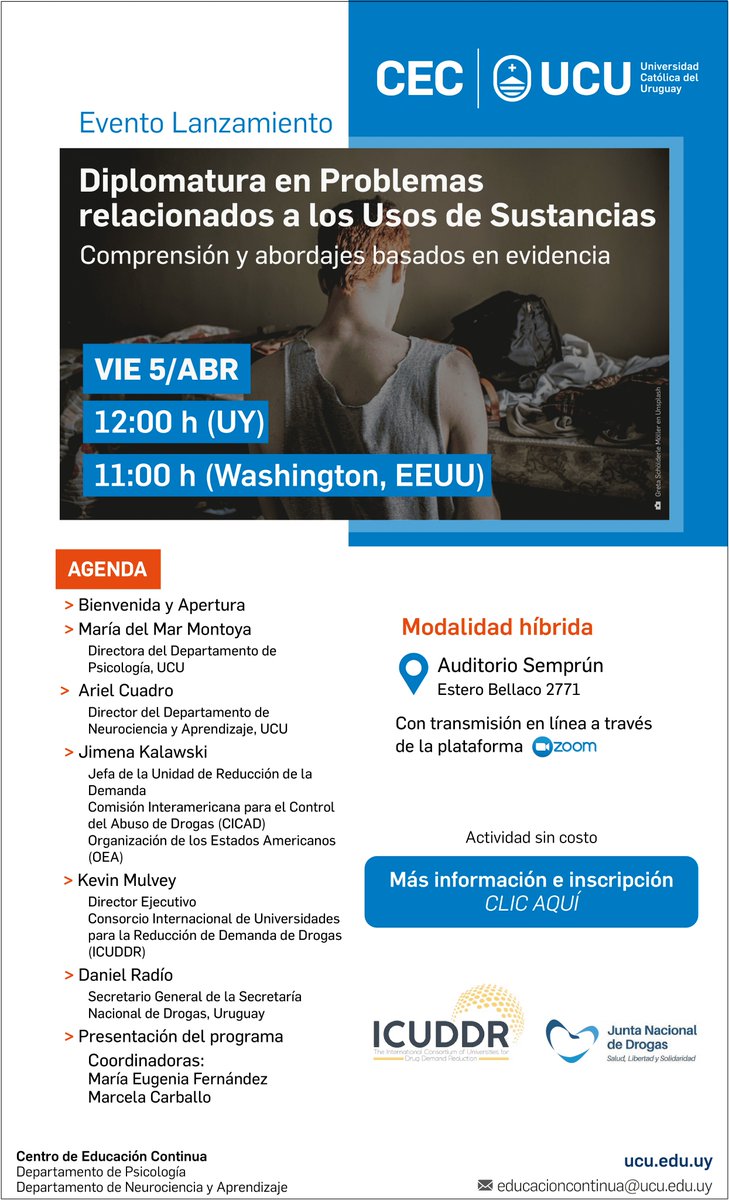 📢Te invitamos al lanzamiento de la Diplomatura en Problemas relacionados a Usos de Sustancias @UCUoficial 📅 Viernes 5 de abril, 12 h. 📍Universidad Católica del Uruguay - Edificio Semprún (Estero Bellaco 2771) | En línea por Zoom. Info e inscripción 👉bit.ly/LanzamientoDip…