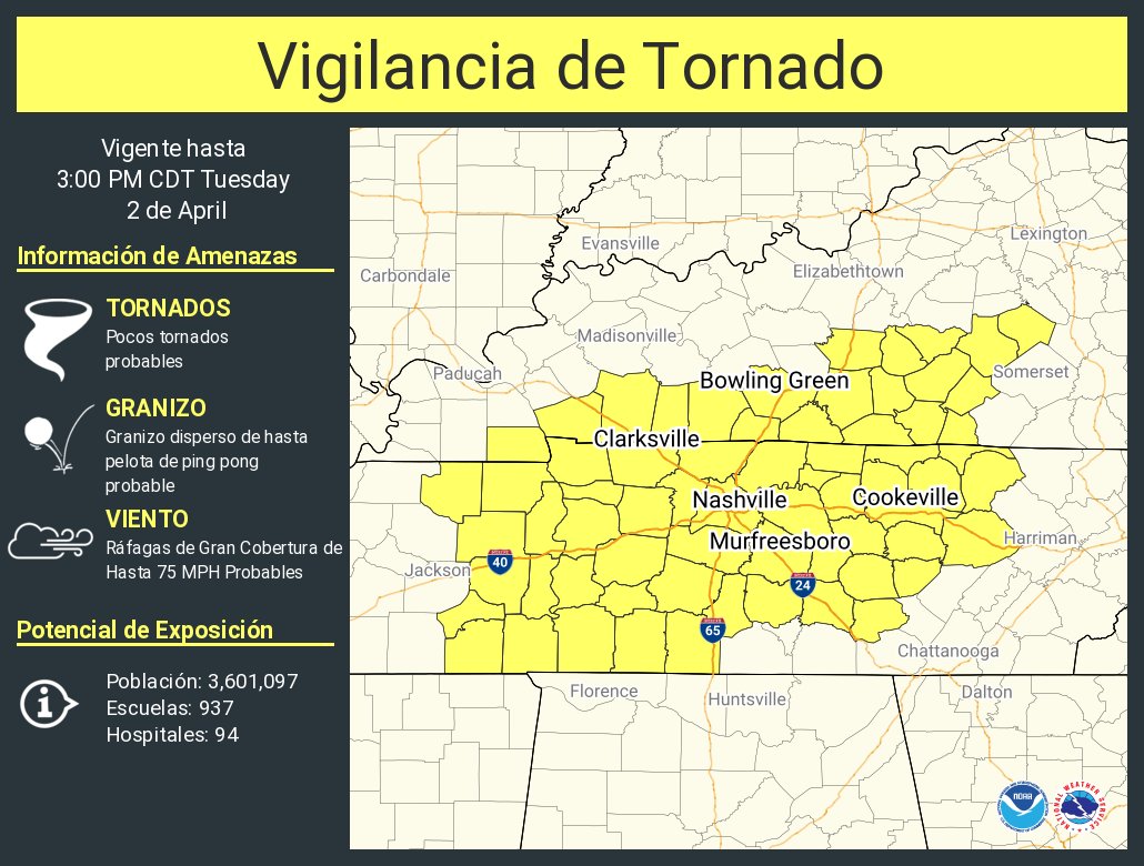 Vigilancia de Tornado ha sido emitida para partes de Kentucky y Tennessee hasta las 3 PM CDT