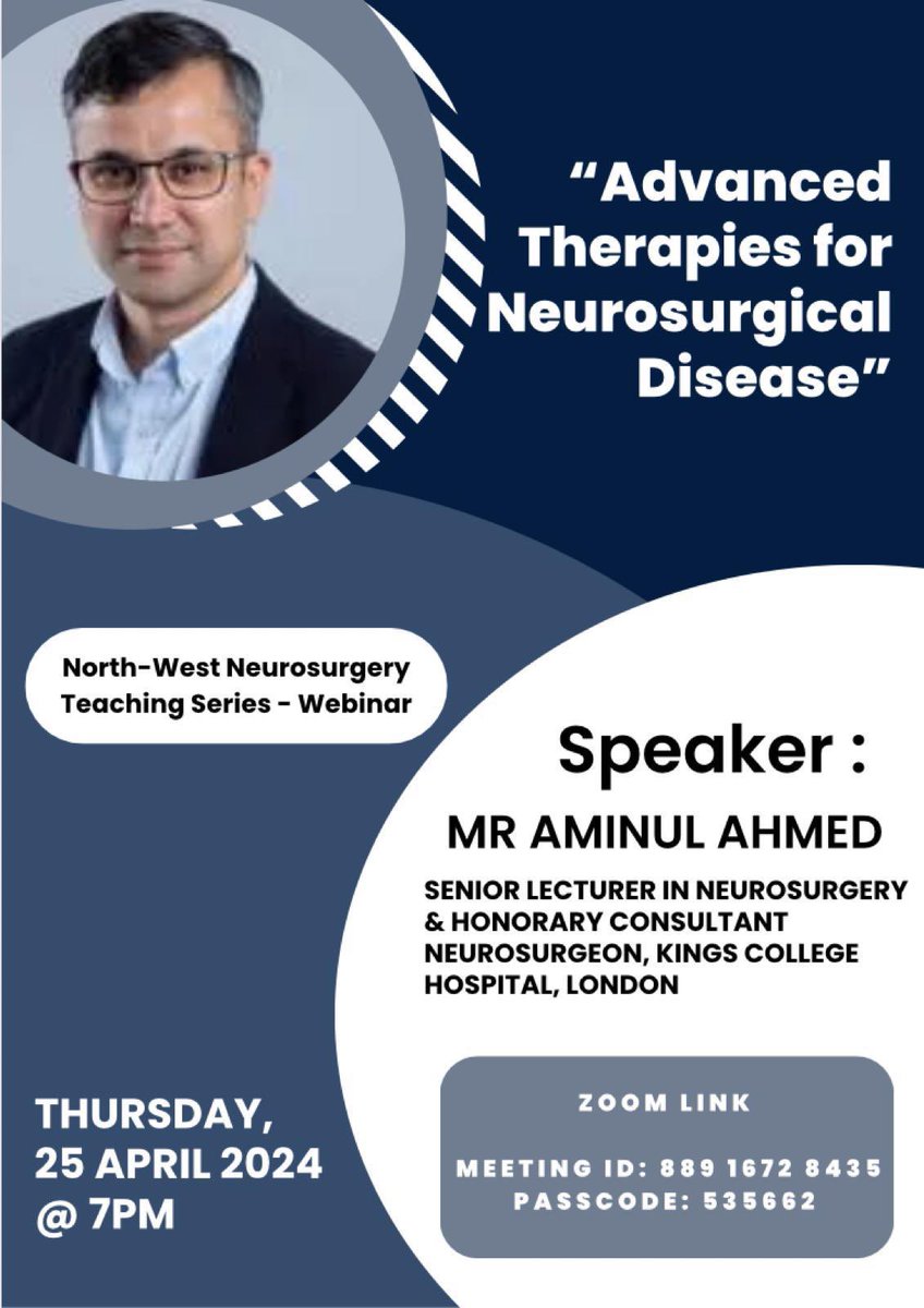 Preston Neurosurgery (@prestonneuro) on Twitter photo Hello, we are announcing the new NW #Neurosurgery Lecture series on the last Thursday of each month.
The first Lecture is by Mr. Aminul Ahmed <a href="/NeuroSxAminul/">Aminul Ahmed</a> - please join the online Zoom meeting for this exciting new series. Hello, we are announcing the new NW #Neurosurgery Lecture series on the last Thursday of each month.
The first Lecture is by Mr. Aminul Ahmed <a href="/NeuroSxAminul/">Aminul Ahmed</a> - please join the online Zoom meeting for this exciting new series.