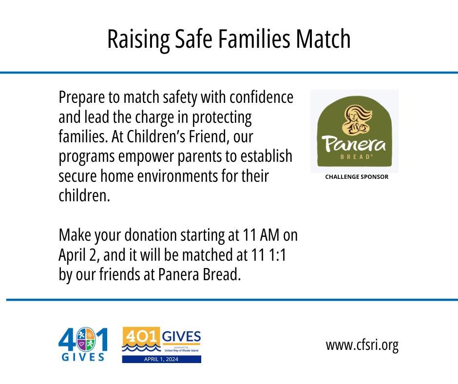 Protecting families starts at home! Join Children's Friend in empowering parents to create safe environments for their children. Donate now and double your impact with Panera Bread's match at 11 AM on April 2nd. @401Gives Donate here - 401gives.org/organizations/…