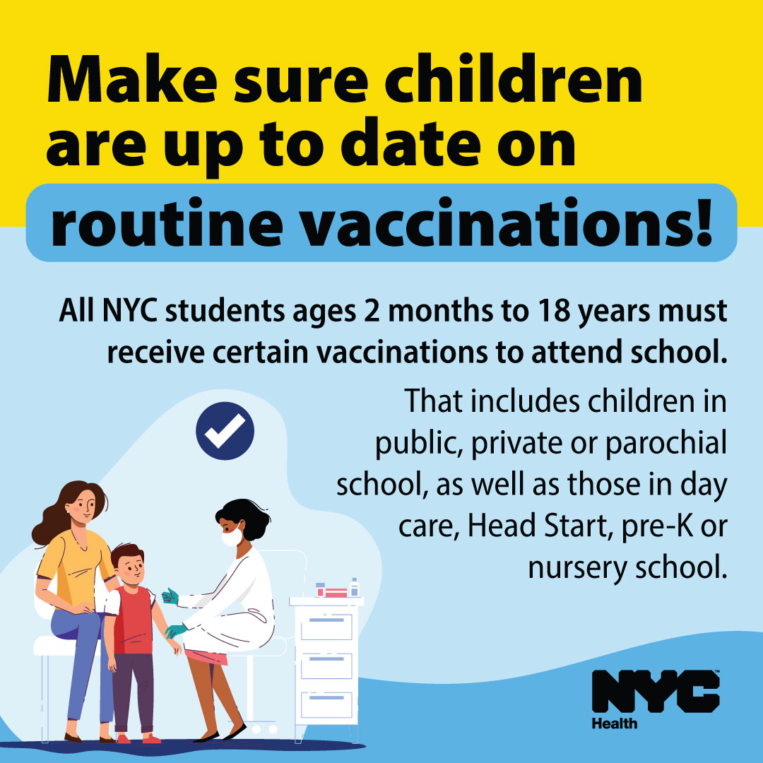 Vaccinations are required for all children attending daycare and grades K through 12 in New York. Childhood vaccinations help protect the health of your child and other children at their school. Required vaccines for children: on.nyc.gov/student-vaccin…