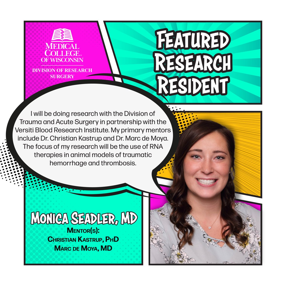 This month, we're featuring Monica Seadler, MD! Check out what Dr. Seadler has been up to with her mentors! #LeadingTheWay @mademoya @MCWtraumaacs Monica will also be presenting at Research Roundtable on April 25th!