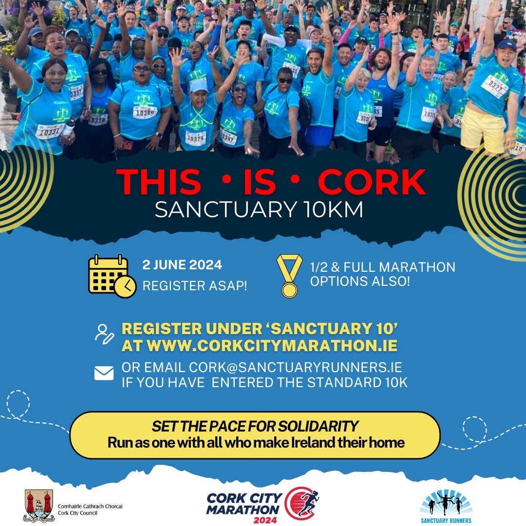 🔵 Have you signed up to take part in the Cork City Marathon as a Sanctuary Runner? eventmaster.ie/event/EzvDI4EF… chose a Sanctuary Runner option 🟡Come and join us at our 10k training sessions for all which start this week! 📩cork@sanctuaryrunners.ie