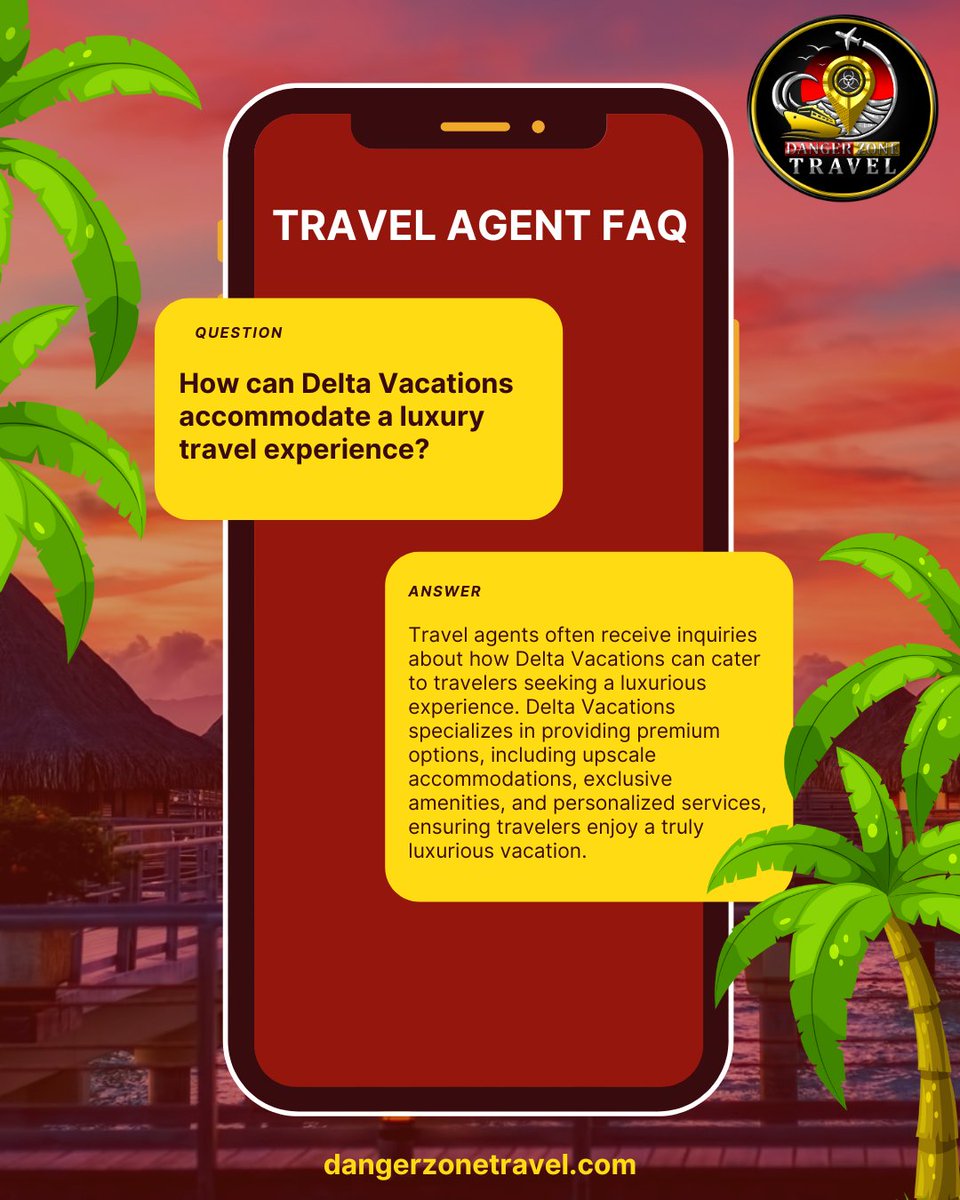 Curious about luxury travel with Delta Vacations? 🌟✈️

We've got you covered! Indulge in a journey fit for royalty with our exclusive offerings and impeccable service. How can we pamper you during your next adventure?

#dangerzonetravel  #LuxuryTravelGoals #DeltaVacationsVIP