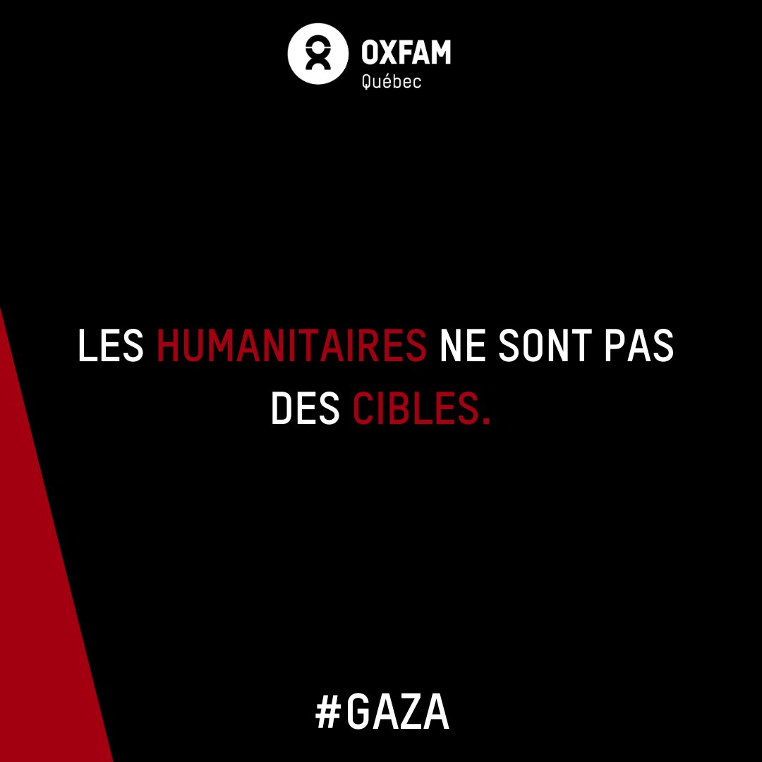 Dévastés d’apprendre la perte de 7 humanitaires à #Gaza victimes d’une attaque ciblée de l’armée israélienne. Parmi elles, des personnes originaires de #Palestine, #Australie, #Pologne, #UK, #USA et du #Canada. Nous apportons toute notre solidarité à nos collègues de @WCKitchen.