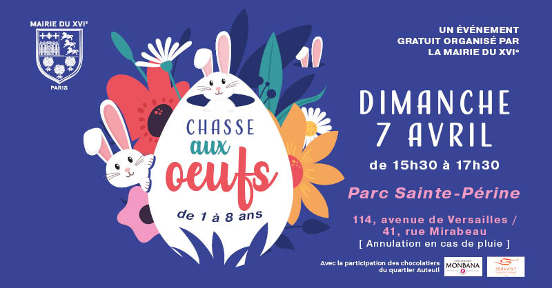 🐰🥚 [Chasse aux œufs] La Mairie du XVIe organise une grande chasse aux œufs dimanche 7 avril de 15h30 à 17h30 au Parc Sainte-Périne. Venez en famille participer à ce moment convivial.