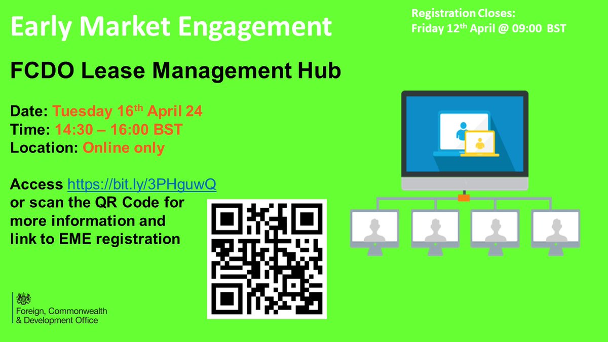Early Market Engagement - FCDO Lease Management Hub will take place on Tuesday 16th April at 14:30 - 16:00 BST. Access bit.ly/3PHguwQ for further information & the link to register for the EME. #FCDOGovUK #UKAid