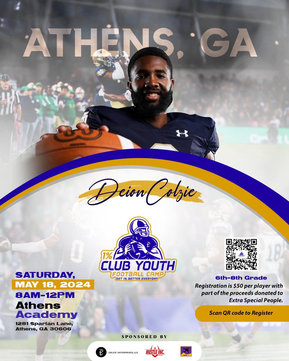 ATTENTION Athens area middle school athletes!! University of Notre Dame and former Athens Academy WR, Deion Colzie is hosting his first annual “1% Club Youth Football Camp“ @Athens_Academy on May 18, 2024 from 8 AM to 12 PM. 6th-8th grade QBs, WRs, & DBs register TODAY!