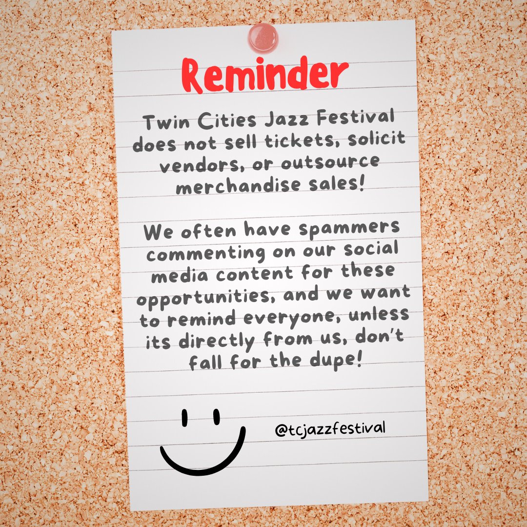 TCJF is a free fest & we DO NOT sell tickets. We do not solicit vendors through open applications. We only sell merchandise on-site at the fest. Spammers produce these opportunities in the comments of our social media content & are not to be trusted! #tcjazzfest