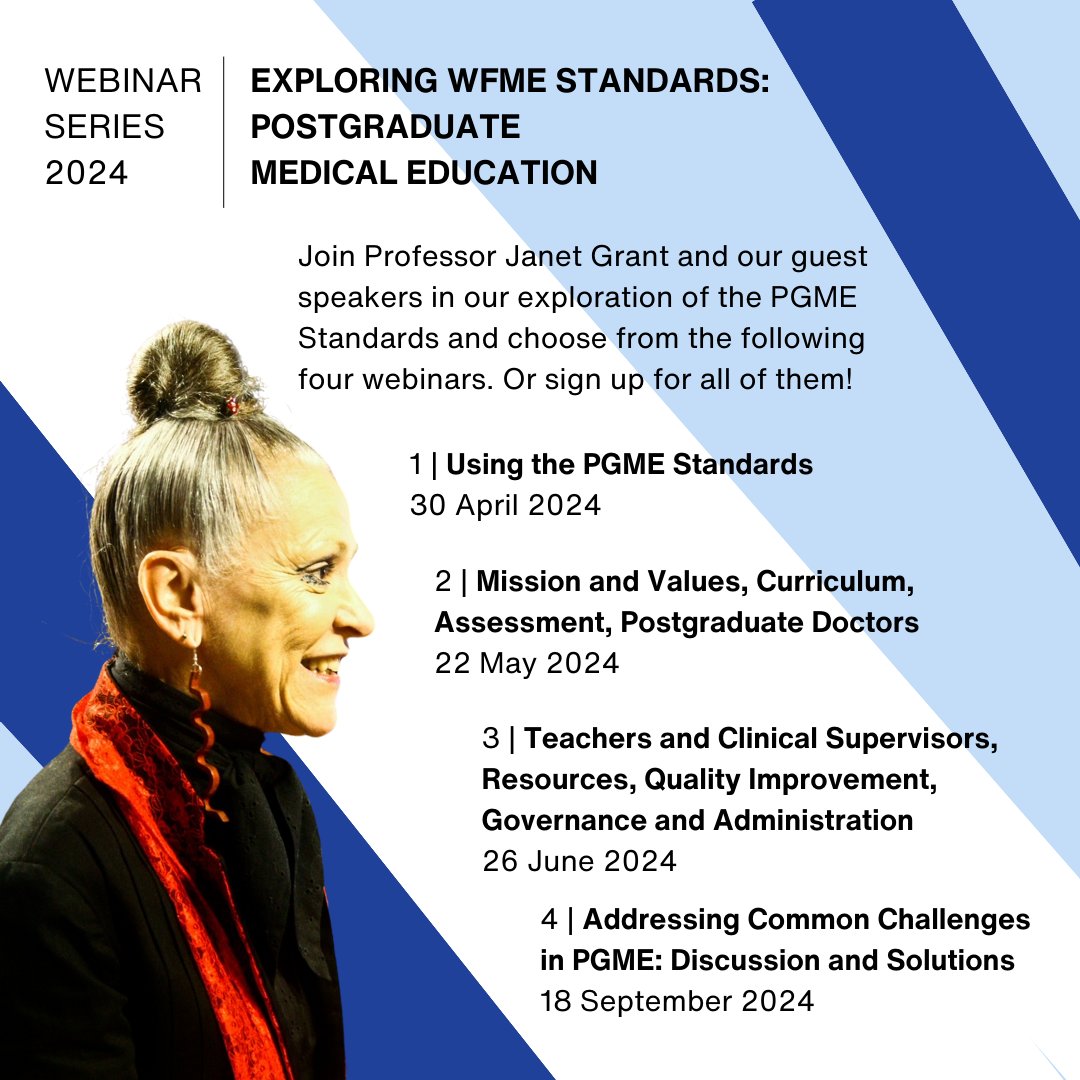 Excited to invite you to join our intriguing webinar series on WFME Standards for Postgraduate Medical Education 🎓 Register now on the WFME website: wfme.org/wfme-events/