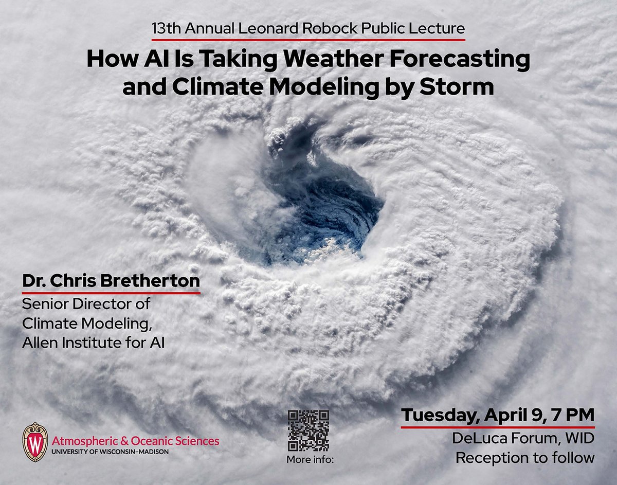 1 week until our Robock Lecture! Join us Tues, 4/9, at the DeLuca Forum in WID. Dr. Chris Bretherton will discuss AI in weather forecasting and climate modeling. Free and open to the public, livestream available. Reception to follow the talk. Learn more: aos.wisc.edu/robock/index.h….