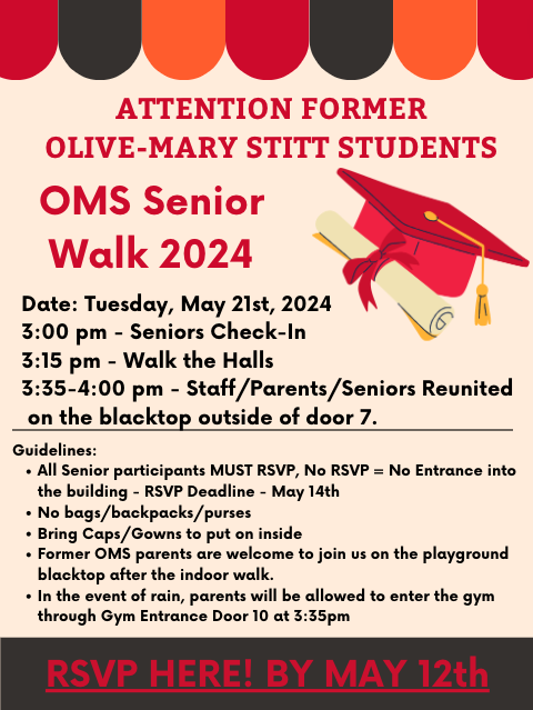 Mark your calendars - OMS Senior Walk 2024! We look forward to welcoming back former OMS students who will be graduating from high school this year. RSVP HERE --> forms.gle/zfR3wpBPCEXPp8…