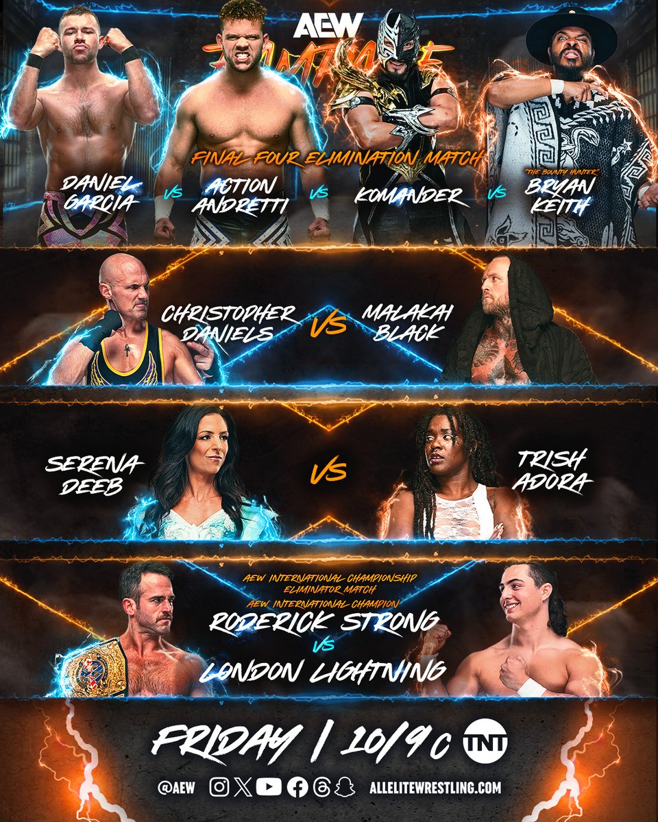 THIS FRIDAY! Friday Night #AEWRampage 10pm ET/9pm CT | TNT • @Garciawrestling vs @bountykeith vs @komandercrmx vs @actionandretti • @MalakaiBlxck vs @facdaniels • @SerenaDeeb vs @TrishAdora202 • @RoderickStrong vs @lndnlightningpw