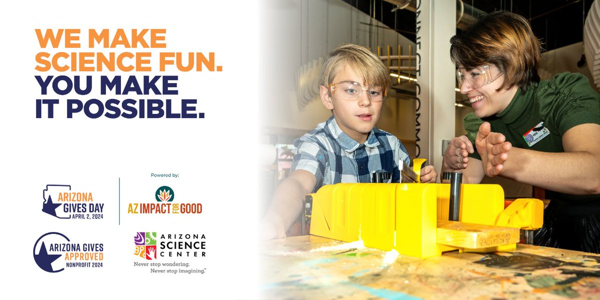 azsciencecenter's tweet photo. Today’s the day—#AZGivesDay 🚀 Your 100% tax-deductible donation will allow thousands of students and educators access STEM education through field trips, community and in-person classroom visits, and more. Give today ➡️ https://t.co/PHmI0uFNQf https://t.co/Bov2YbPFnh