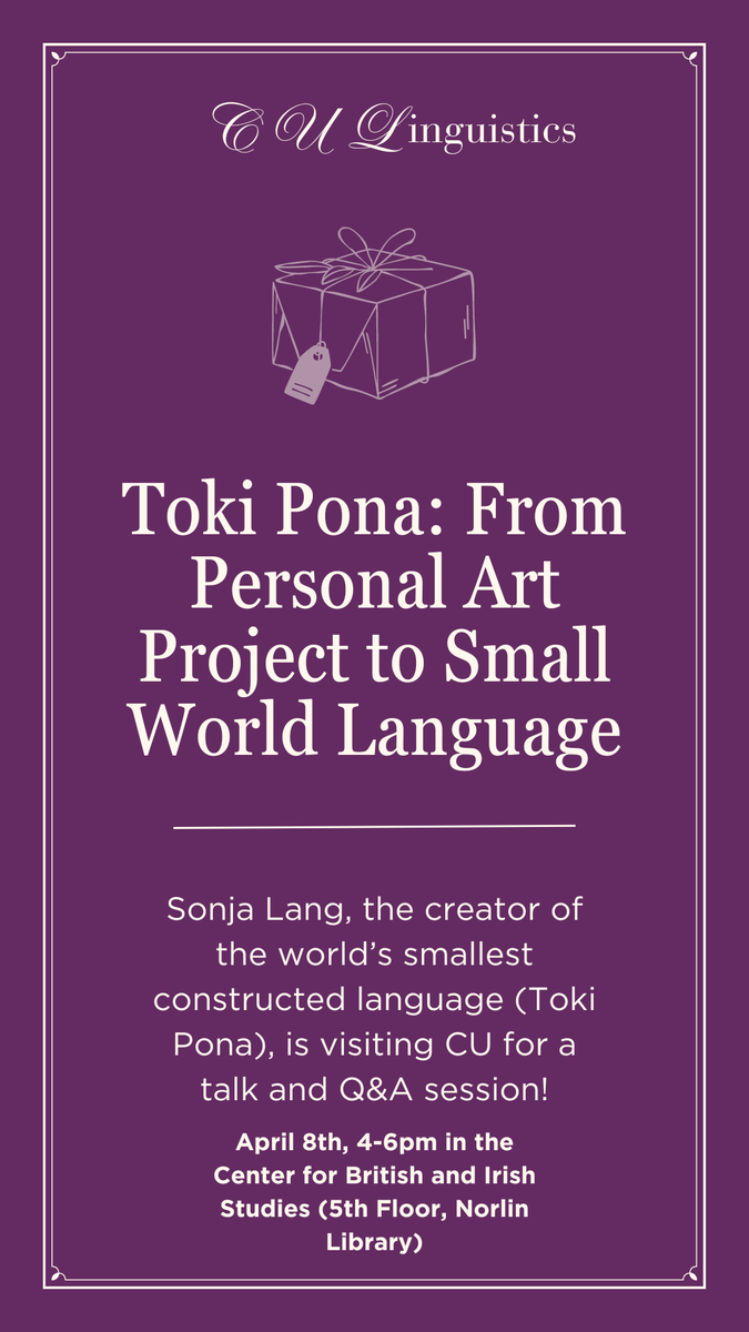 We're so excited to be welcoming Sonja Lang (<a href="/tokipona/">Toki Pona</a>) to CU next Mon. 4/8! Join us for a roundtable discussion + taco bar reception with the creator of the world's smallest #conlang! 

colorado.edu/linguistics/20…