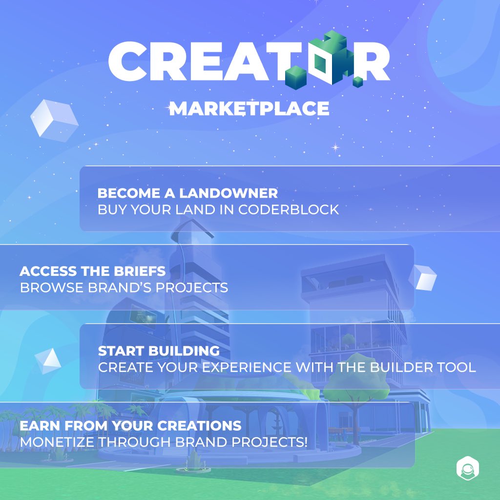 coderblock's tweet image. 𝗖𝗿𝗲𝗮𝘁𝗼𝗿 𝗠𝗮𝗿𝗸𝗲𝘁𝗽𝗹𝗮𝗰𝗲: a new way to make #profits in the #metaverse 🚀
Buy your 𝗽𝗶𝗲𝗰𝗲 𝗼𝗳 𝗳𝘂𝘁𝘂𝗿𝗲 in #Coderblock and become a 𝗖𝗲𝗿𝘁𝗶𝗳𝗶𝗲𝗱 𝗖𝗿𝗲𝗮𝘁𝗼𝗿 for our partner brands. Choose the brief and express yourself using the Builder to start…
