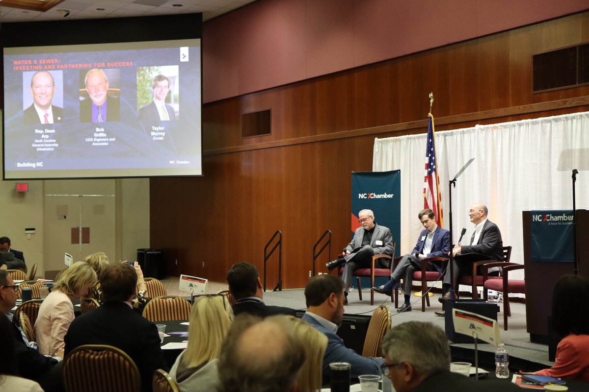 Representative @DeanArp, Bob Griffin of @CDGEngineers, and Taylor Murray of @Ecolab discuss recent investments and advancement in #NC's water and sewer infrastructure. #BuildingNC2024