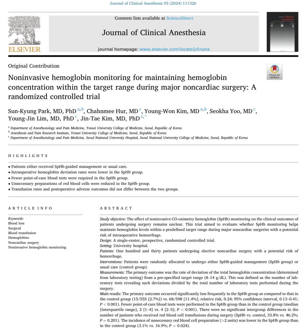 In this 130 patient randomized trial, noninvasive hemoglobin monitoring led to significantly lower rates of hemoglobin deviation outside the target range in patients having major noncardiac surgery. 🔗doi.org/10.1016/j.jcli…