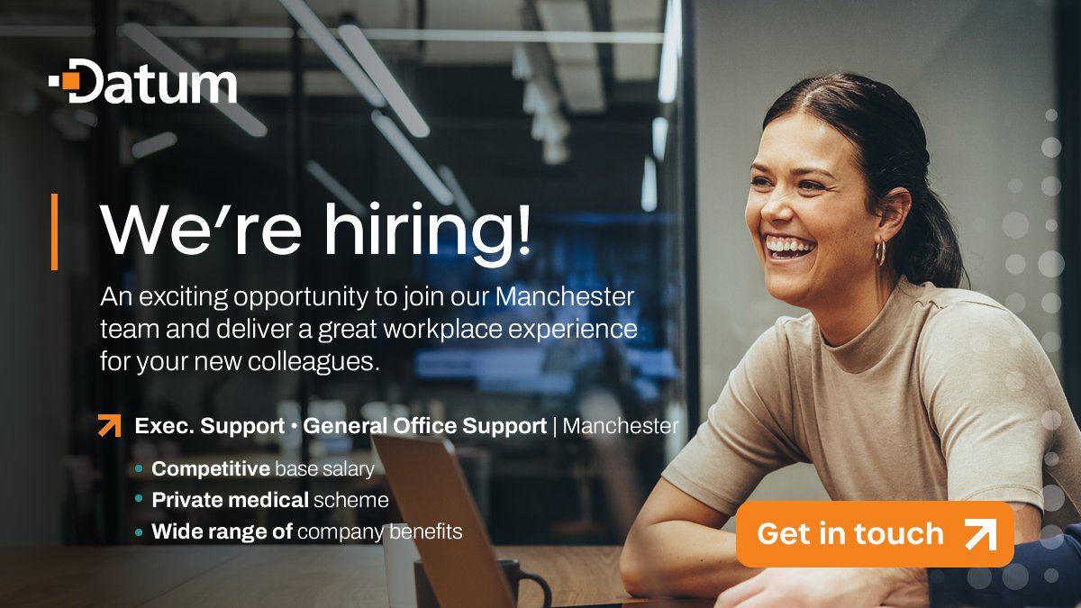 Datum is seeking a new team member in the role of 'Executive Support/General Office Support' at our Manchester data centre facility. Read more about the role, and find out how to apply here ➡️➡️ datum.co.uk/about/careers/ #Recruitment #Hiring #JobBoard #Recruiting