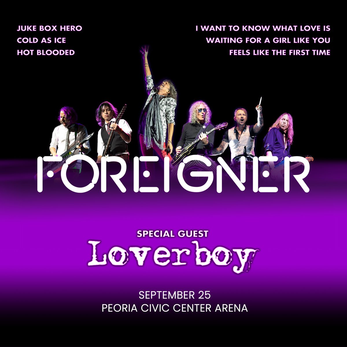 SHOW ANNOUNCEMENT – Foreigner & Loverboy will be performing at the Peoria Civic Center Arena on September 25, 2024! PCC Insider Presale starts Thursday, April 4 & Tickets are on sale Friday, April 5 at bit.ly/PCCForeignerLo… #peoriaciviccenter #foreigner #loverboy