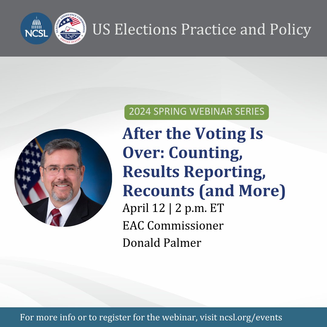 The election doesn’t end when the polls close. Counting comes next—along with reporting results and, sometimes, recounts. Join NCSL and @EACgov's Donald Palmer on April 12 to learn about what happens after voting is over. Register: bit.ly/3TnglRm