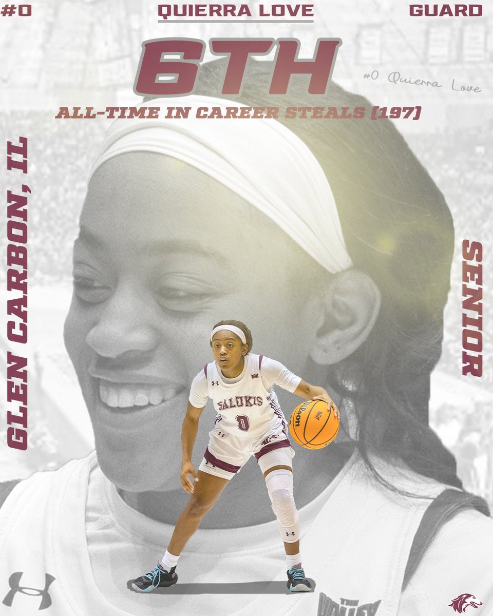 SIU_WBasketball's tweet image. 𝘼𝙢𝙤𝙣𝙜𝙨𝙩 𝙩𝙝𝙚 𝙫𝙚𝙧𝙮 𝙗𝙚𝙨𝙩

Quierra Love finished her Saluki career 𝗦𝗜𝗫𝗧𝗛 all-time in steals at SIU with 197 👏

#Salukis | @QueLove2020