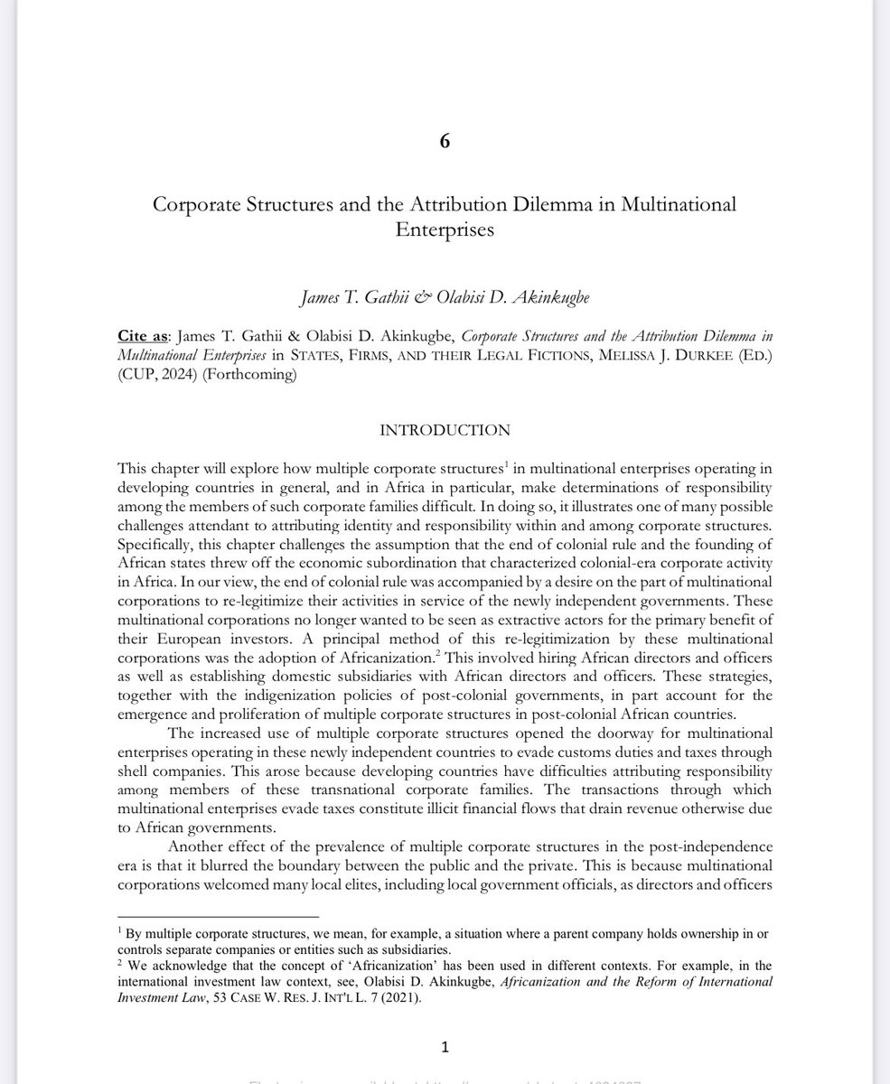 Delighted to share my latest publication with @JTGathii in @mjdurkee terrific book 📕. @JTGathii & I’s chapter is titled “Corporate Structures and the Attribution Dilemma in Multinational Enterprises” Download Pre-pub on @SSRN: papers.ssrn.com/sol3/papers.cf…. …/1
