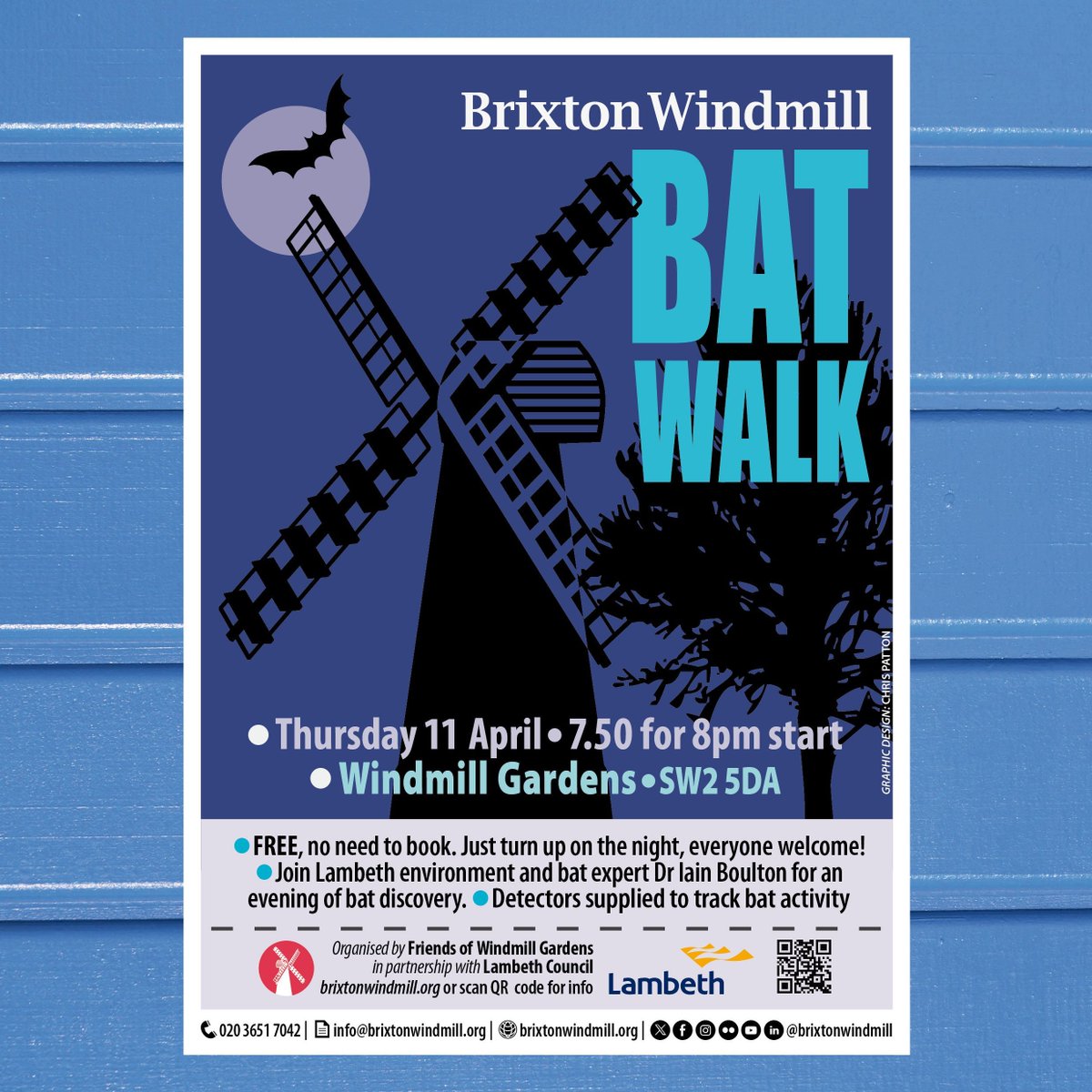 Free bat discovery walk in Windmill Gardens, Thursday 11 April. Meet at 7.50pm for an 8pm start. All equipment is supplied and everyone welcome!