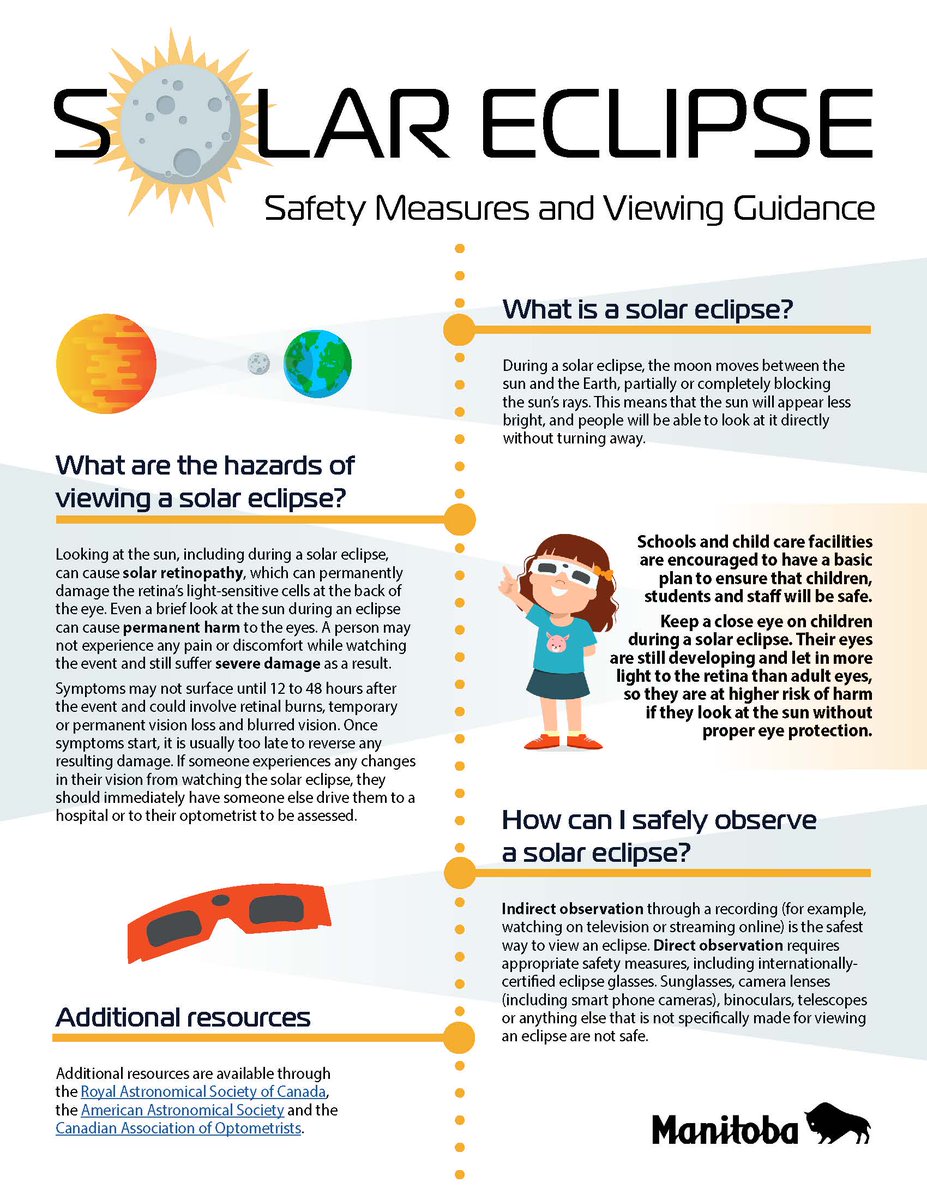 A solar eclipse is scheduled to occur on April 8 between noon and 3 p.m. While it's tempting to look up, there are risks involved when viewing an eclipse. The below <a href="/MBGov/">Manitoba Government</a> guide has helpful information on how to be safe.