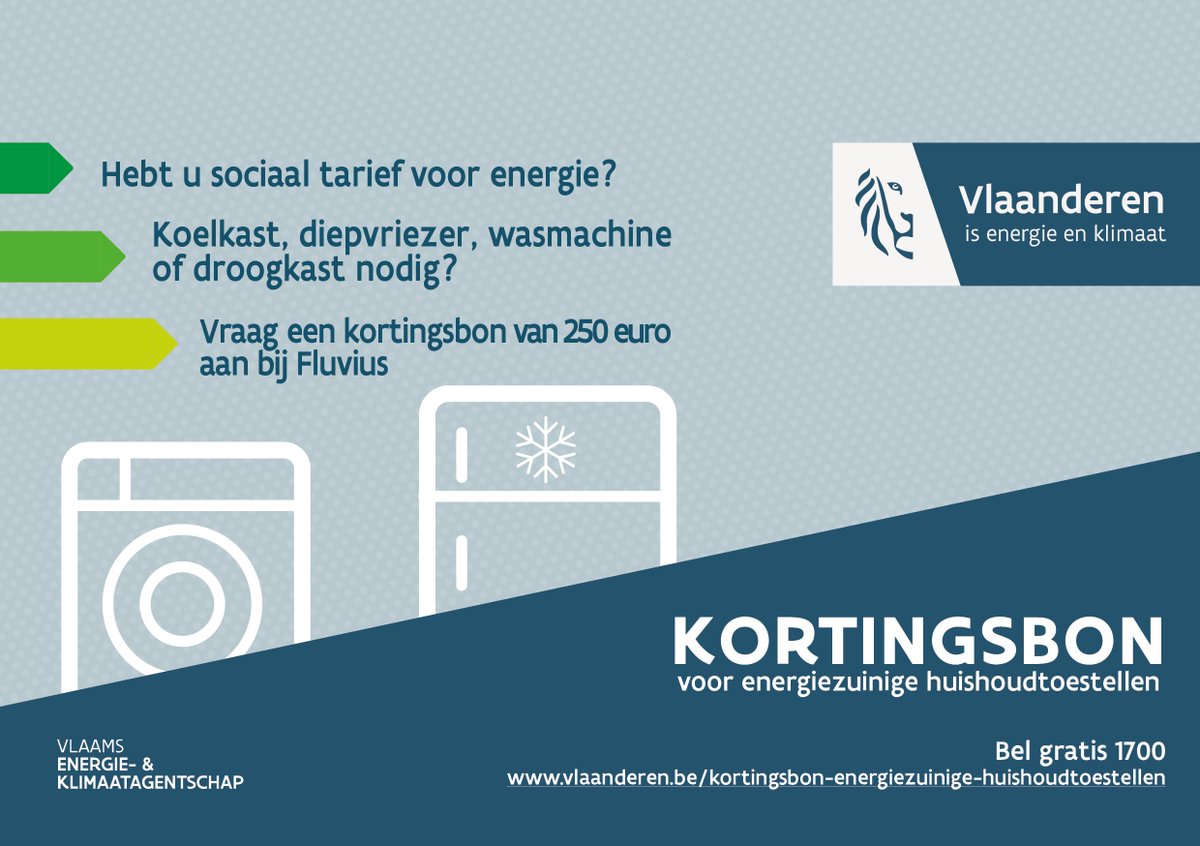 👀Ben je van plan om een energiezuinige wasmachine, droogkast, koelkast of diepvriezer te kopen? Als je recht hebt op het sociaal tarief voor aardgas en elektriciteit, kan je vanaf 1 juli 2022 een kortingsbon ter waarde van 250 euro aanvragen👇