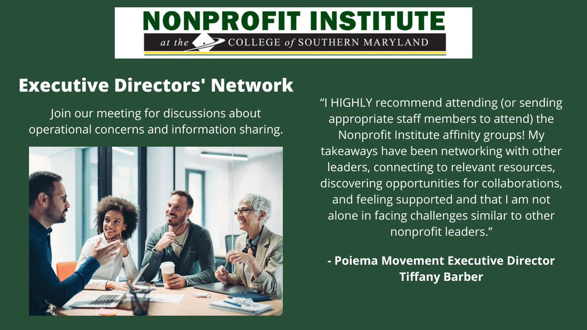 Nonprofit Institute (@nonprofitinscsm) on Twitter photo Executive directors of Southern Maryland nonprofits are welcome to attend this in-person meeting on Wednesday, April 3 at 9 a.m. Meeting information is available in our newsletter or by emailing nonprofit@csmd.edu. Executive directors of Southern Maryland nonprofits are welcome to attend this in-person meeting on Wednesday, April 3 at 9 a.m. Meeting information is available in our newsletter or by emailing nonprofit@csmd.edu.