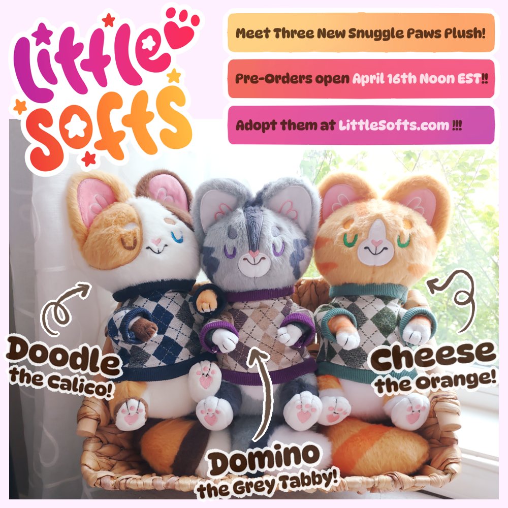 ❤️🧡💛NEW M3RCH ANNOUNCEMENT💛🧡❤️ Meet Doodle the Calico, Domino the Grey Tabby, and Cheese the Orange Cats!! New Snuggle Paws plush in dandy argyle sweaters ready to take a nap together with you 🐾🐾🐾 See you on April 16th!!