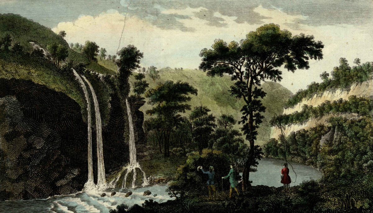 #TravelTuesday👣 Today, we're joining these traveller's on a fishing trip to the beautiful cascade near #MatlockBath, #Derbyshire. 🎣 This 18th century #FineArt print was engraved for 'The Modern Universal British Traveller'. 🌄